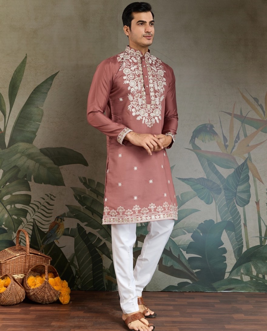 61324-pink - Pastel pink Thread & Sequence Hand Embroidered Men’s Kurta Set